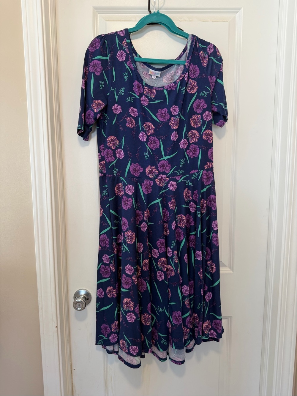 LuLaRoe Navy Midi Dress with Purple Floral Print